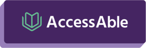 A stylised book logo in green, with the words 'AccessAble' on a purple background.